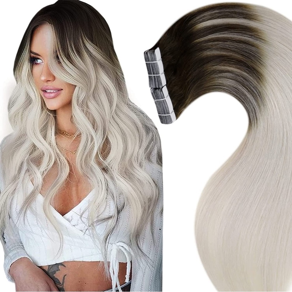 HUMAN HAIR 20" Remy Tape in Extensions Balayage Dark Brown-Platinum Blonde Ombre